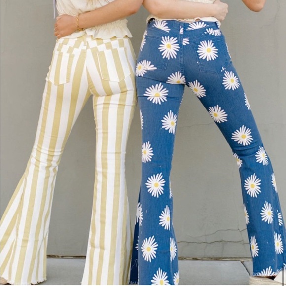 Daisy flower flare bell bottoms blue Jeans high waisted 70’s retro pants - Picture 8 of 9